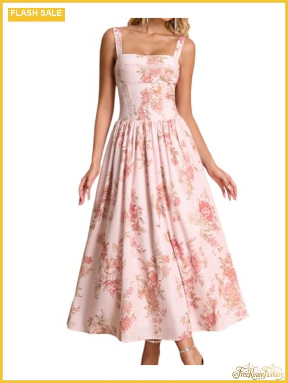 Women's Flowy A-Line Corset Midi Dress Square Neck Smocked Back Pockets Wedding